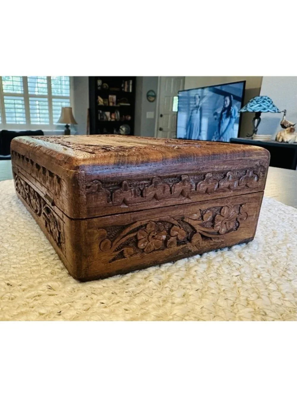 Vintage Carved Wooden Trinket Box Made in India Hinged Lined with Brass Inlay 8”
